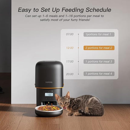 Automatic Cat Feeder - 2L Cat Food Dispenser, Timed Auto Pet Feeder with 180-day Battery Life, 1-6 Meals Per Day, 1-16 Portion, Ceramic Bowl, Desiccant Bag Keeps Dry Food Fresh, Also for Small Dogs