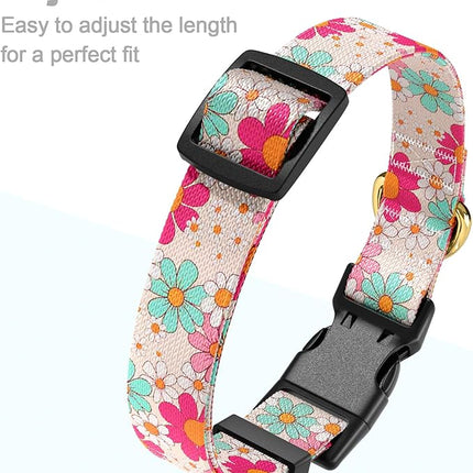 Rnivvi Dog Collar for Medium Dogs, Cute Heavy Duty Adjustable Puppy Collar with Quick Release Buckle for Girl & Female, Pet Accessories for Walking Running, M Length 1" Width, Hand Drawn Flowers
