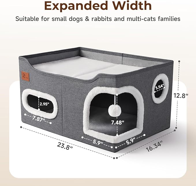 Petizer 23.8 Inches Large Cat Houses for Indoor Cats -Cute Cat Houses & Condos, Foldable Cat Cave Bed with Fluffy Ball and Scratch Pad, Cat Hideaway for Kittens, Kitty, Multi Small Pets, Dark Grey