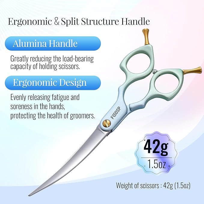 Professional Curved Dog Grooming Scissors with Sharper Self Grinding lightweight and finely trimmed split structure 6.5'' Japan VG10 63HRC for small dogs cat pet(Blue&Green)