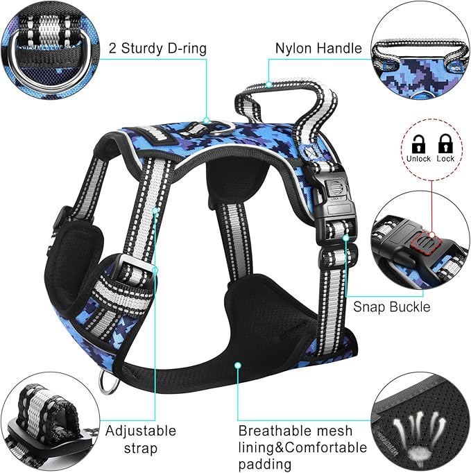 WINSEE Dog Harness No Pull, Pet Harnesses with Dog Collar, Adjustable Reflective Oxford Outdoor Vest, Front/Back Leash Clips for Small, Medium, Large, Extra Large Dogs, Easy Control Handle for Walking