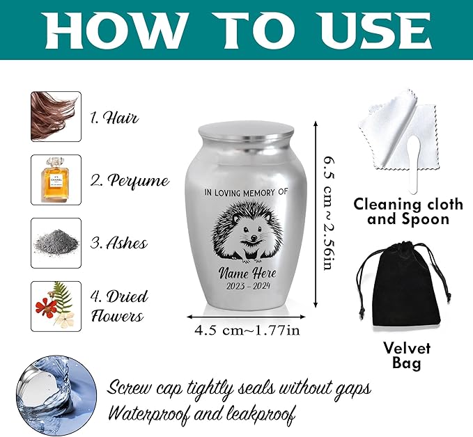 Artsy Woodsy Personalized Hedgehog Pet Memorial Cremation Mini Urn, Decorative Keepsake Small Urns for Ashes 2.56 inch, Remembrance Gifts for Pet Lovers in Loving Memory (01, 2.56x1.77)