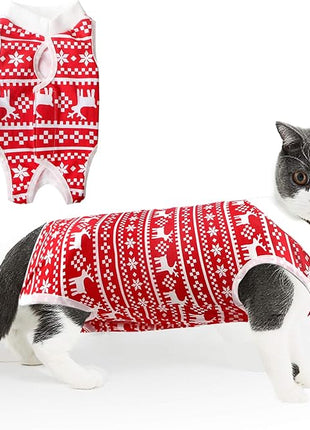 Cat Professional Recovery Suit for Abdominal Wounds or Skin Diseases, E-Collar Alternative for Cats and Dogs, After Surgery Wear, Pajama Suit (S, Christmas Red)