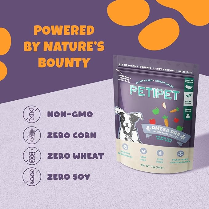 Petipet Omega 3 for Dogs - Skin, Coat, Brain & Heart Health Supplement- For Dry, Itchy, or Flaky Skin - Allergies and Itch Relief Soft & Chewy Chews - DHA and EPA Omega 3 Fatty Acids from Marine Algae