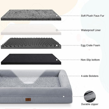 Large Dog Bed Orthopedic for Large Sized Dogs, Waterproof Dog Bed with Removable Washable Cover, Egg Crate Foam Pet Couch Sofa with Non-Slip Bottom, Grey