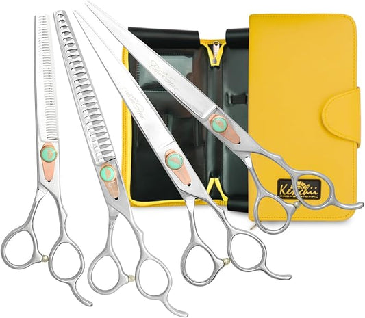 Kenchii Future Star Dog Grooming Scissors Righty Set Premium Kit for Novice & Pro Groomers Straight Curved Thinner & Blender Shears with Micro Serrated Blades Includes Case and Inserts.
