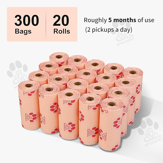 Dog Poop Bags Rolls 300 Count Biodegradable Poop Bags Refills for Dog and Cat Cherry Blossom Scented Waste Bag Leak Proof Doggie Poop Bag Doggy Trash Bag Pink