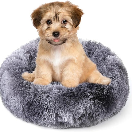 NOYAL Calming Donut Dog Bed for Small to Medium Dogs & Cats - Plush Faux Fur Anti-Anxiety Pet Bed with Machine Washable Cover & Non-Slip Base
