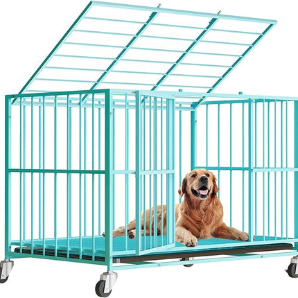 Blue 48 in Heavy Duty Dog Crate Steel Escape Proof, Indoor Double Door High Anxiety Cage, Removable Tray, Kennel with Wheels,XL XXL