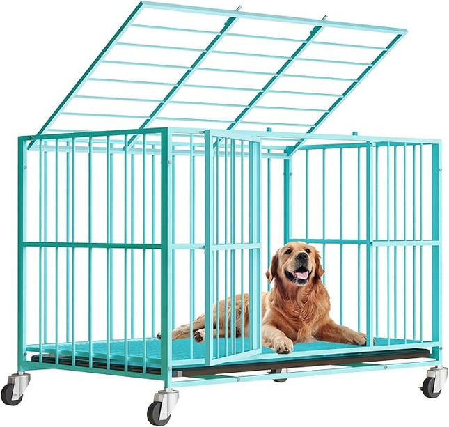 Blue 48 in Heavy Duty Dog Crate Steel Escape Proof, Indoor Double Door High Anxiety Cage, Removable Tray, Kennel with Wheels,XL XXL