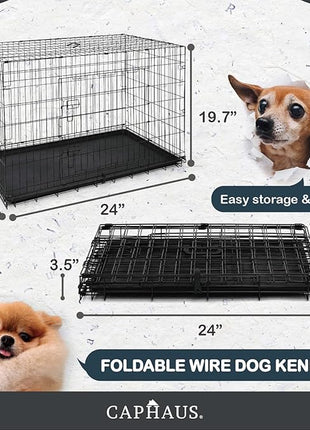 CAPHAUS Foldable Dog Crate Wire Metal Dog Kennel w/Leak-Proof Pan & Protecting Feet & Divider Panel, Single or Double Door, Small, Medium & Large Indoor Wire Cage, 24” w/Single Door