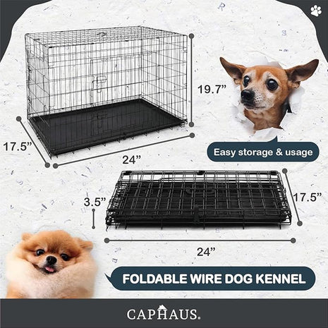 CAPHAUS Foldable Dog Crate Wire Metal Dog Kennel w/Leak-Proof Pan & Protecting Feet & Divider Panel, Single or Double Door, Small, Medium & Large Indoor Wire Cage, 24” w/Single Door
