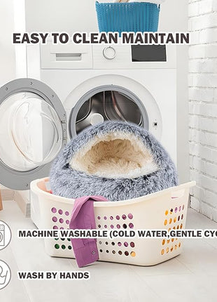 Cat Bed for Indoor Cats, Calming Cozy Cave with Self-Warming Plush, Entire Bed Machine Washable & Anti-Slip Base, Breathable Pet Bed for Small Cats&Dogs All Seasons (Grey, 24 * 24inch)