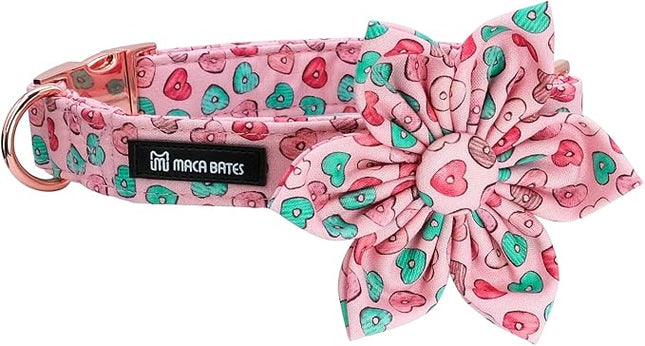 Maca Bates Valentine's Day Dog Collar with Flroral Bow for Small Girl Boy Dogs,Pink Love Hearts Pattern,Adjustable Durable Soft Valentine Gift for Female Male Puppy