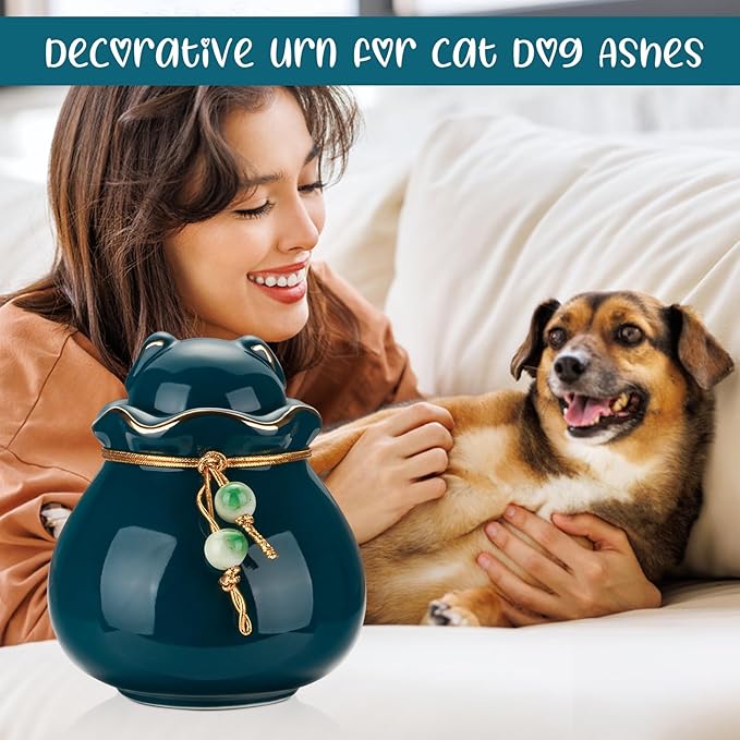 SOITIS Engraving Pet Memorial Urn for Cat or Dog Ashes - 3.54"x3.15" Elegant Ceramic Keepsake Holder with Cat-Shaped Lid & Gold Trim, Small Green Urn for Pet Ashes