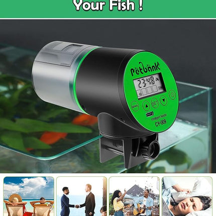 Automatic Fish Feeder for Aquariums - Rechargeable Auto Fish Food Dispenser Timer Feeder with USB Charger Cable，LCD Screen, Customized Schedule