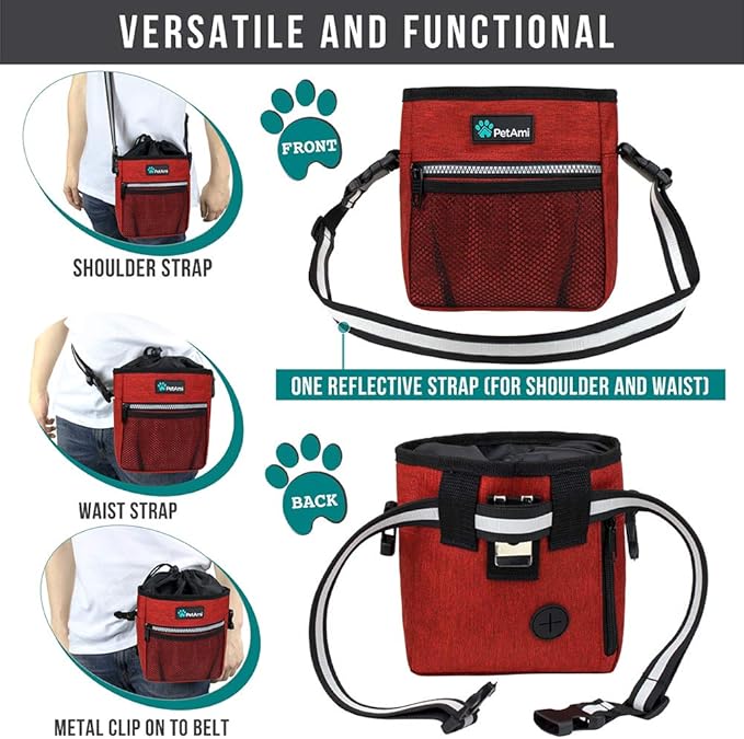 PetAmi Dog Treat Pouch, Pet Treat Pouch for Training, Dog Walking Bag Holder for Kibbles, Pet Food Toy, Dog Trainer Essentials Supplies, Poop Bag Dispenser, 3 Ways to Wear (Red)