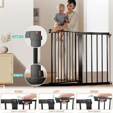 COMOMY 30" Tall Baby Gate for Stairs Doorways, Fits Openings 29.5" to 46" Wide, Auto Close Extra Wide Dog Gate for House, Pressure Mounted Easy Walk Through Pet Gate with Door, Black