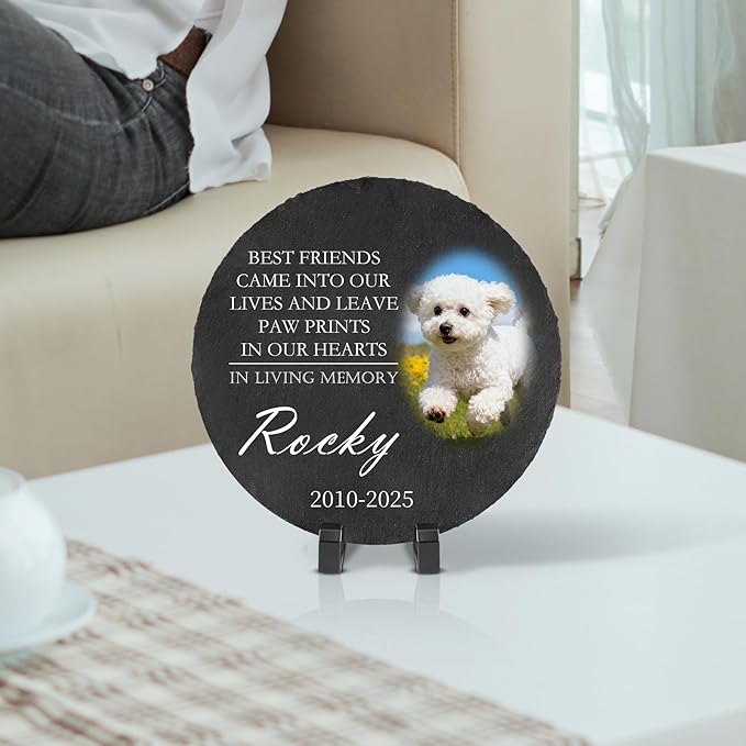 Ships Next Day Personalized Pet Memorial Stone for Loss of Dog Cat, Custom Photo Name Memory Headstone Garden Grave Marker Bereavement Sympathy Gift