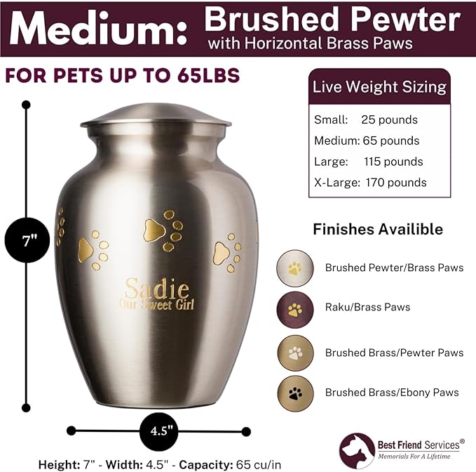 Ottillie Paws Elite Series Personalized Pet Urn for Dogs and Cats - Pet Memorial Urns with Custom Engraving (Pewter, Horizontal, Brass, Medium)
