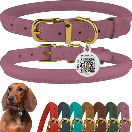 BronzeDog Rolled Leather Dog Collar with QR ID Tag, Adjustable Soft Round Collars for Small Medium Large Dogs Puppy (9" - 11" Neck Size, Lavender)