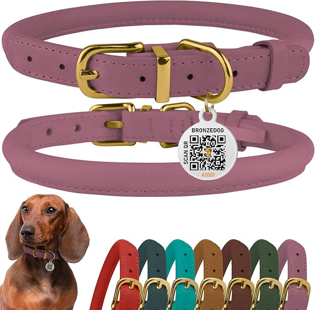 BronzeDog Rolled Leather Dog Collar with QR ID Tag, Adjustable Soft Round Collars for Small Medium Large Dogs Puppy (9" - 11" Neck Size, Lavender)