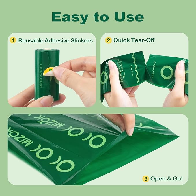 MIZOK Dog Poop Bags Rolls, 270 Count, 65% Recycled Material Poop Bags for Dogs, Leakproof, Extra Thick Durable and Easy Tear-Off, Unscented