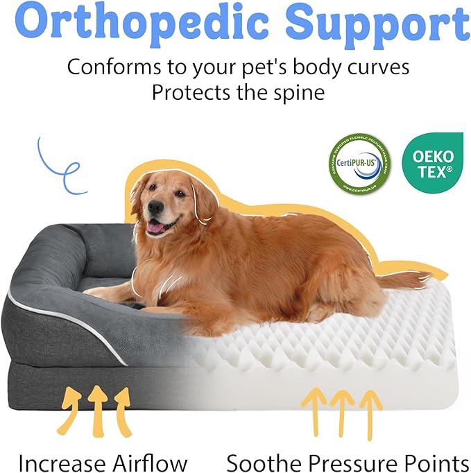Washable Orthopedic Large Dog Bed - Removable Orthopedic Foam Dogs Beds with Bolsters Waterproof Large Dog Bed and Non-Slip Bottom Extra Large Dogs Beds Sofa