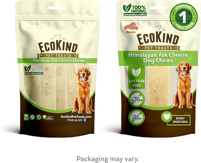 EcoKind Premium Gold Yak Cheese Himalayan Dog Chews, Dog Treats Large Breed, All Natural, High Protein Dog Chew, Bacon, Large - 1 Chew