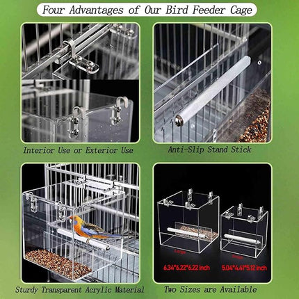 No Mess Bird Feeder for Cage, Automatic Acrylic Bird Feeder Seed Catcher Tray Cage with Stainless Steel Hooks for Small Parrots Canary Parakeet Budgerigar Crested Cockatiel Lovebird (Small)