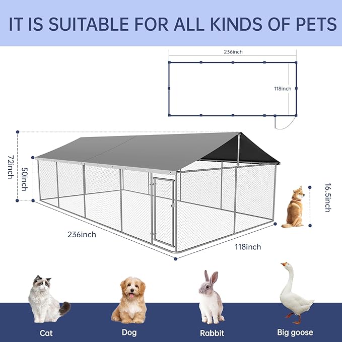 236"x 118" Outdoor Dog Enclosure Heavy Duty Dog Kennel House Mesh Dog Big Cage Pet Kennel Steel Fence with Secure Lock