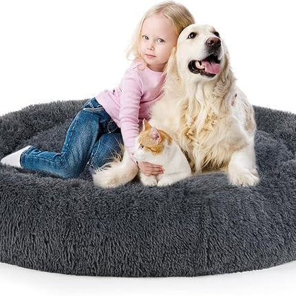 Dog Bed, Cat Calming Bed, Faux Fur Pillow Pet Donut Cuddler Round Plush Bed for Large Medium Small Dogs and Cats (Dark Grey, 49.0" L x 38.0" W x 7.0" Th)