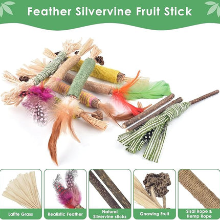 Bissap 16 PCS Silvervine Chew Sticks for Cats, Catnip Chew Sticks Cat Toys for Indoor Cat Kitten Teeth Grinding Interactive Feather Toys for Aggressive Chewers Dental Care