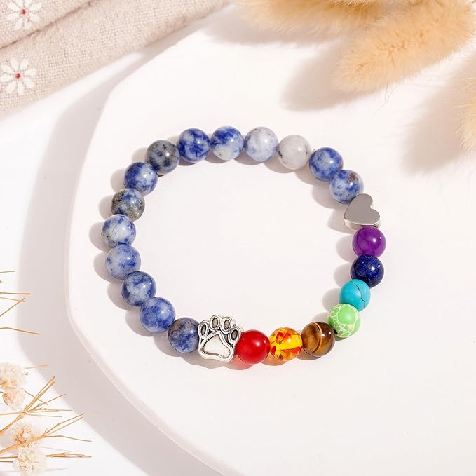 Pet Memorial Gifts for Dogs, Rainbow Bridge Bracelet for Dog Cat, Pet Sympathy Gift, 8MM Mixed Color Bead 7 Chakra Pet Memorial Bracelet for Women Men Who Loss of Pets, Dog Remembrance Gift