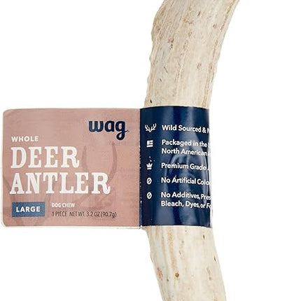 Amazon Brand - Wag Dog Deer Antler Chew, Naturally Shed, Whole, Large 8-9.5 inches, Long Lasting for Aggressive Chewers, Best for Dogs 30-45 lbs, 3.20 Ounce (Pack of 1)