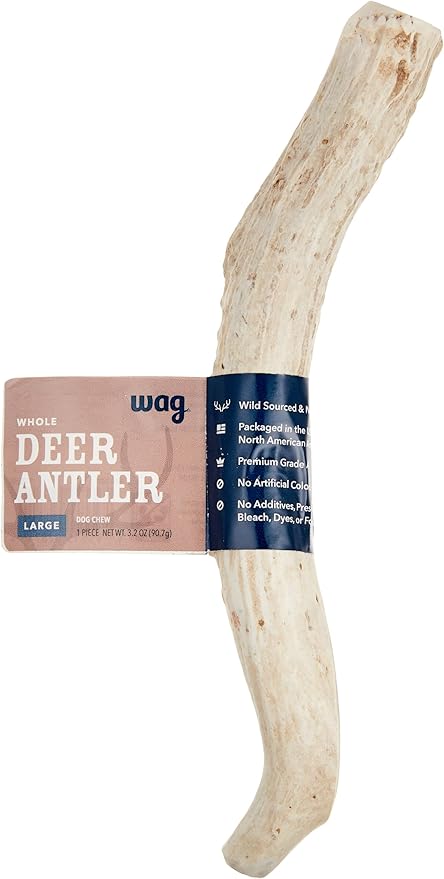 Amazon Brand - Wag Dog Deer Antler Chew, Naturally Shed, Whole, Large 8-9.5 inches, Long Lasting for Aggressive Chewers, Best for Dogs 30-45 lbs, 3.20 Ounce (Pack of 1)