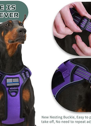 BUMBIN Tactical Dog Harness for Large Dogs No Pull, Famous TIK Tok No Pull Puppy Harness, Fit Smart Reflective Pet Walking Harness for Training, Adjustable Dog Vest Harness with Handle Purple L