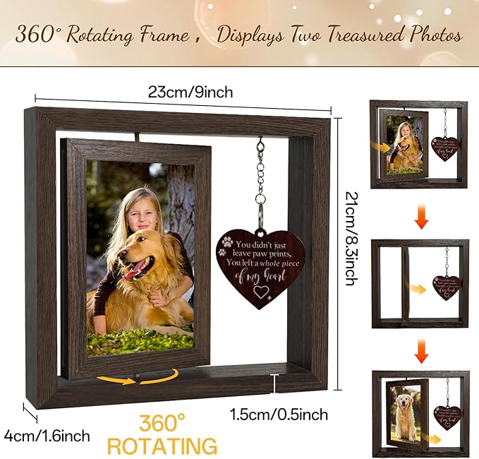 Pet Memorial Gift for Dogs and Cats – Rotating Wooden Picture Frame for 4x6 Photos – Loss of Dog Sympathy Gift, Pet Loss Remembrance Bereavement Keepsake
