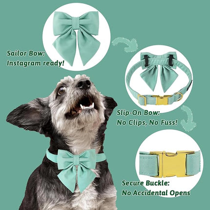 Maca Bates Mint Green Dog Collar with Cute Solid Sailor Bow Tie for Small Girl Boy Dogs,Adjustbale Durable Breakaway Soft Collars with Bowtie for Female Male Puppy,Pet with Metal Buckle