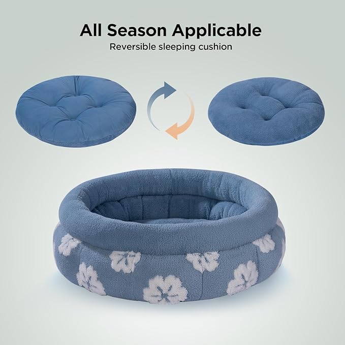 BALANCE Cat Beds for Indoor Cats, Washable Round Cat Bed, Cute 3D Flower Kitten Bed with Anti-Slip Bottom for Puppy and Kitten, 23 Inches, Blue