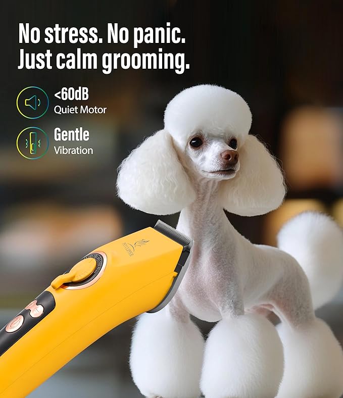 Professional Dog Grooming Clippers with 12H Runtime & Replaceable 440C Blade, 3-Speed Low Noise Electric Dog Shaver for Thick, Matted, Curly Hair, Cordless Clipper for Groomer & Home Use, Yellow