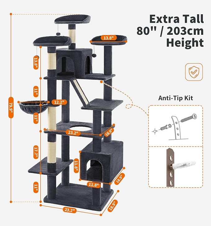 Made4Pets Tall Cat Tree, 80" Cat Tree Tower for Indoor Cats Large Adult, Modern Cat Tower with Scratching Post, Cozy Hammock, 3 Perches and 2 Condos, Sturdy and Fluffy, Dark Gray
