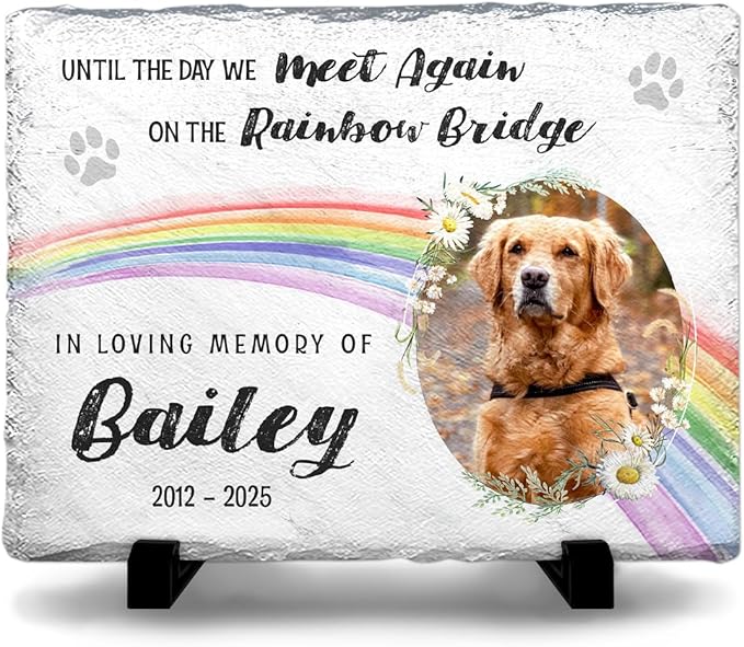 Rainbow Bridge Dog Memorial Gifts for Loss of Dogs - Custom Slate Stone in Loving Memory of Cat, Grave Marker to Decor Bereavement, Engraved Paw Prints on Pet Lovers' Hearts