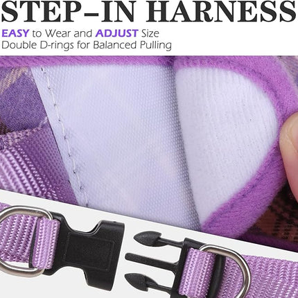 EXPAWLORER Classic Plaid Puppy Harness - Small Dog Harness and Leash Set - Dog Collar and Leash Set with AirTag Holder, Soft Padded Step in Dog Vest Harness No Pull Reflective for Outdoor, Purple XXS