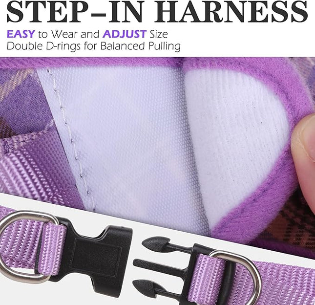 EXPAWLORER Classic Plaid Puppy Harness - Small Dog Harness and Leash Set - Dog Collar and Leash Set with AirTag Holder, Soft Padded Step in Dog Vest Harness No Pull Reflective for Outdoor, Purple M