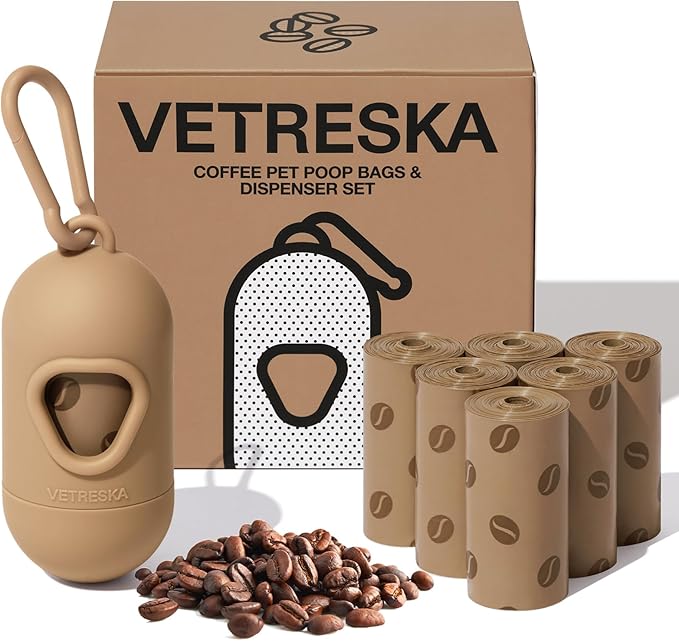 VETRESKA Dog Poop Bags Dispenser with Coffee Scented Waste Bags, Leak Proof, Extra Thick & Strong, 1 Holder and 105 Count Pet Poop Bags (7 Refill Rolls) for Dogs and Cats