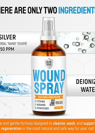 Cat Wound Care Spray with Silver – Wounds, Rashes, Hot Spots, Itch, Scratching, Irritation, Bites & Burns – Use a Cat Cone to Prevent Licking – Safe Formula – 4 Oz