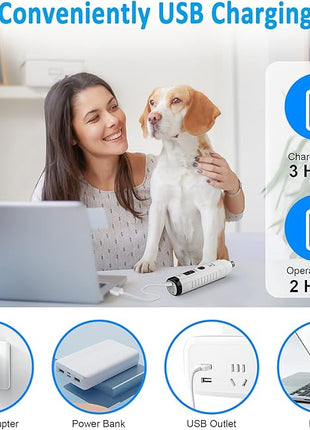 Casfuy Dog Nail Grinder with 2 LED Light for Large Medium Small Dogs - 3X More Powerful 2-Speed Electric Pet Nail Trimmer Rechargeable Quiet Painless Paws Grooming & Smoothing Tool (White)