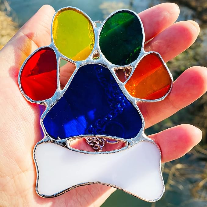 Rainbow Bridge Dog Memorial Gifts Suncatcher for Window, Stained Glass Window Hanging Pet Paw Print Ornament, Pet Memorial Gifts for Dogs & Cats Lovers, Dog Loss Sympathy Gift