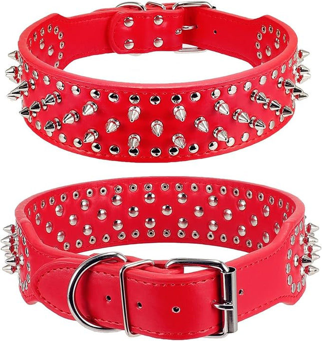 Hoot PU Leather Adjustable Spiked Studded Dog Collar 2" Wide 37 Spikes (M(Neck 19"-22"), Red)